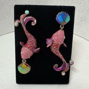 Betsey Johnson Signed Fancy Jeweled Fish Earrings